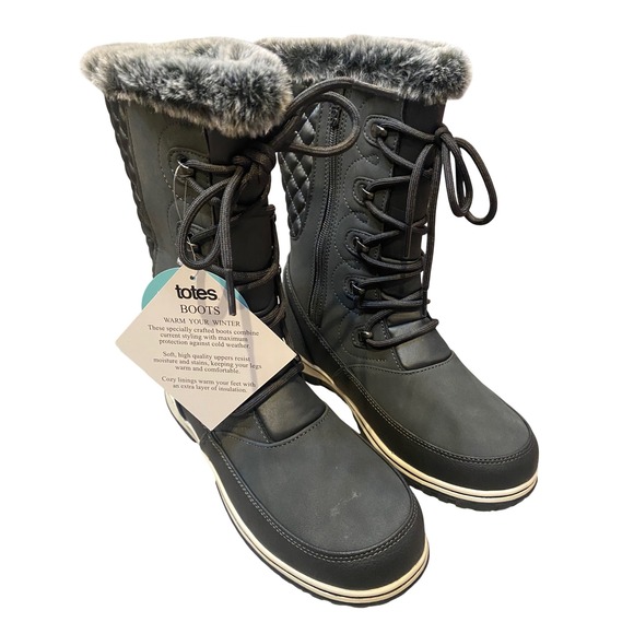 totes Shoes - Totes Anchor Up‎ Charcoal Gray Waterproof Winter Boots Faux Fur Trim Women's 7M